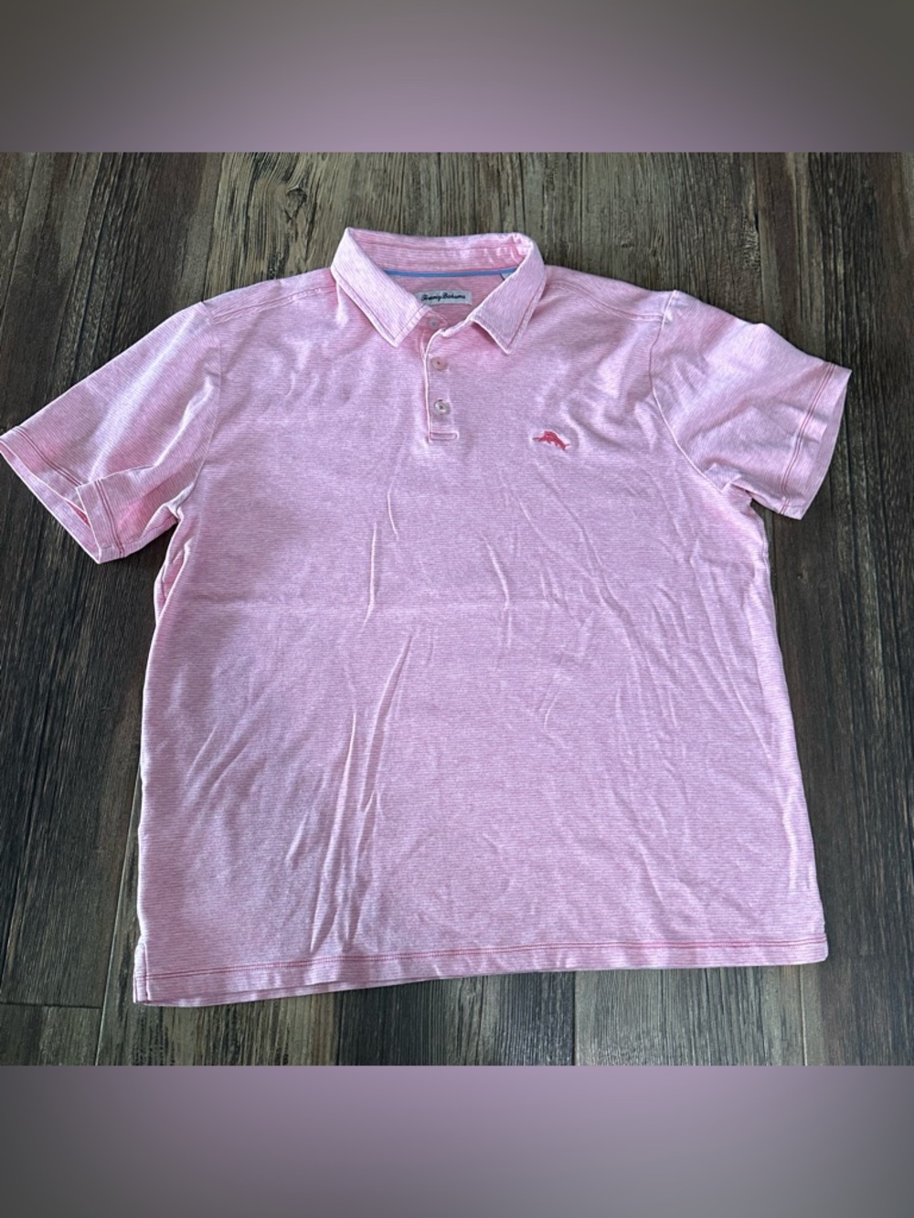 Tommy Bahama pink white striped cotton polo shirt men’s L casual